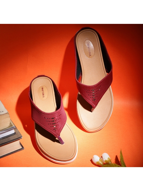 

FOOTSOUL Women Maroon T-Strap Flats with Laser Cuts