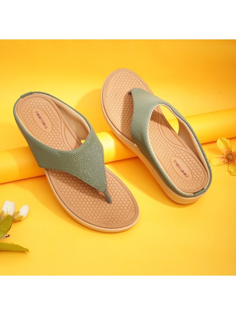 

FOOTSOUL Women Green Open Toe Flats with Laser Cuts