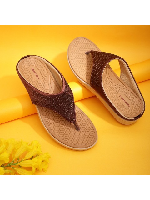 

FOOTSOUL Women Brown Embellished Open Toe Flats with Laser Cuts
