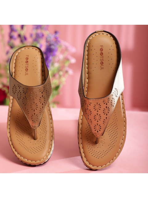 

FOOTSOUL Women Gold-Toned T-Strap Flats with Laser Cuts