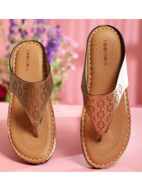 

FOOTSOUL Women Gold-Toned T-Strap Flats with Laser Cuts