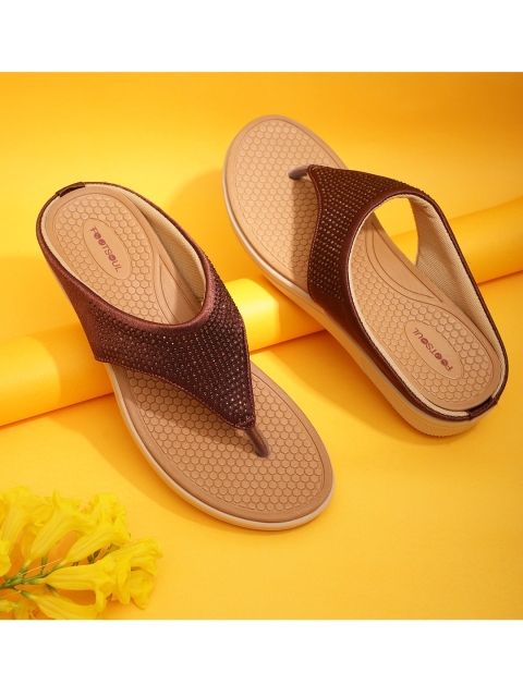 

FOOTSOUL Women Brown Embellished Open Toe Flats with Laser Cuts