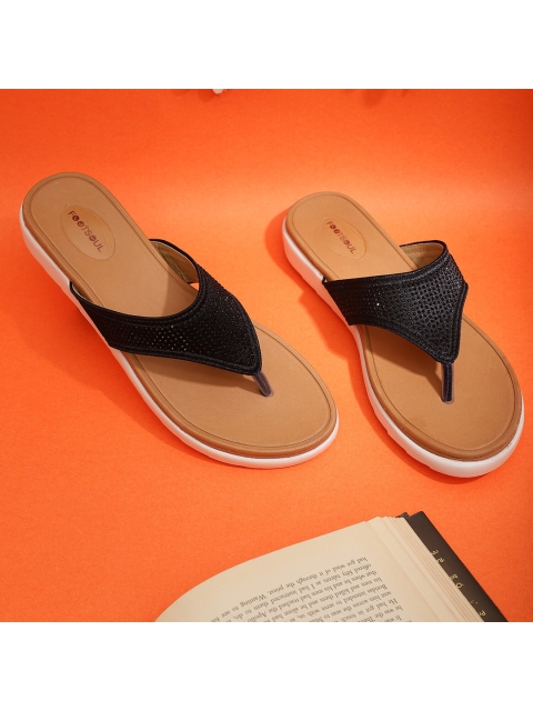 

FOOTSOUL Women Black Textured T-Strap Flats