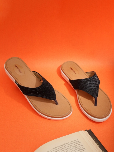 

FOOTSOUL Women Black Textured T-Strap Flats