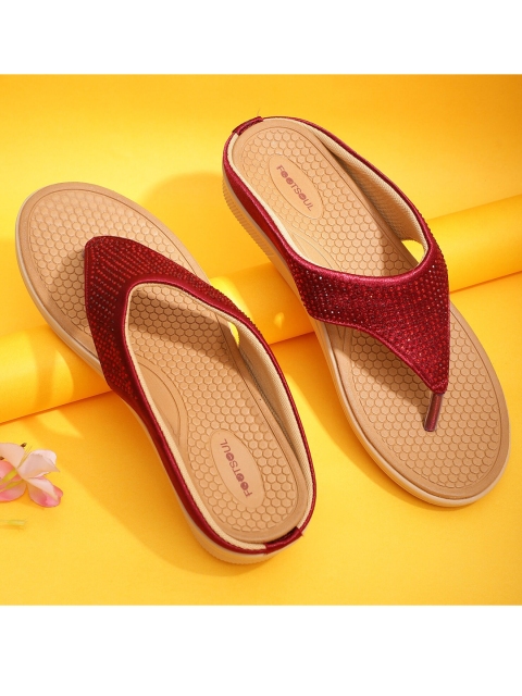 

FOOTSOUL Women Maroon Embellished Open Toe Flats