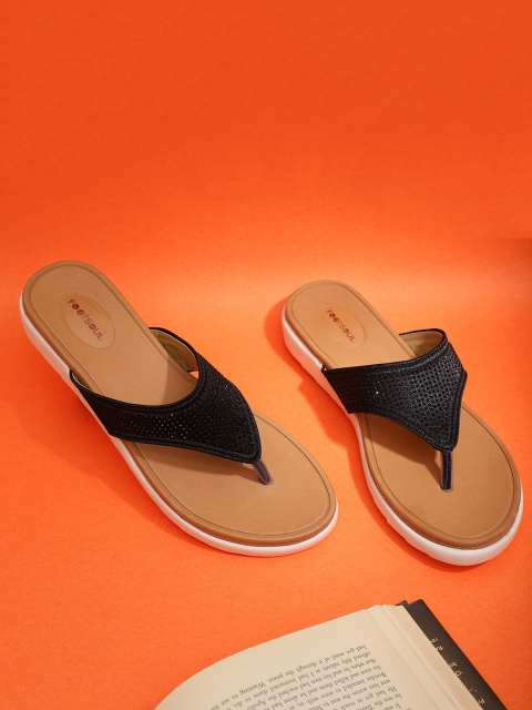 

FOOTSOUL Women Black Textured T-Strap Flats
