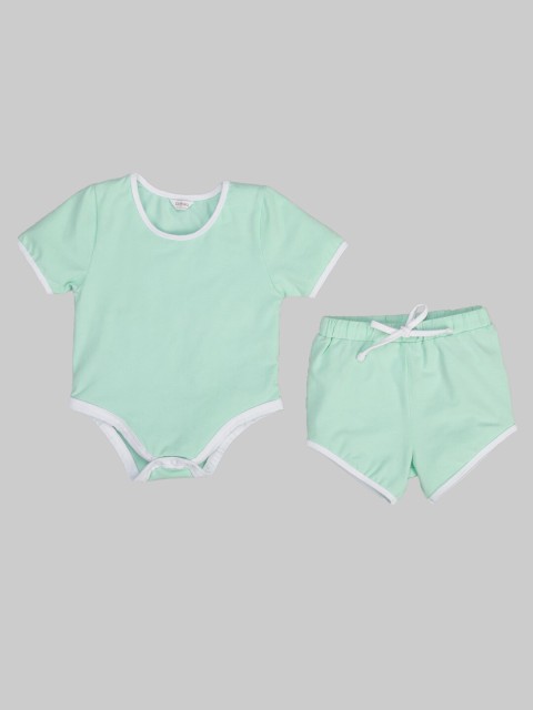 

Kidbea Unisex Kids Sea Green & White Bodysuit with Shorts