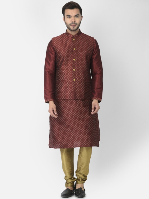 

DEYANN Men Maroon Dupion Silk Kurta with Churidar & Nehru Jacket