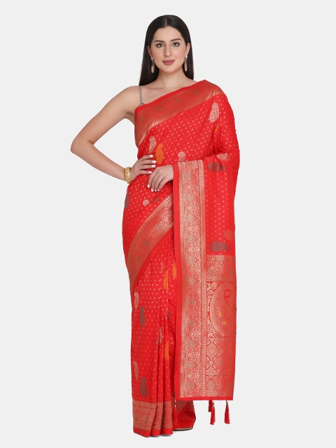 

BOMBAY SELECTIONS Red & Gold-Toned Woven Design Zari Pure Silk Banarasi Saree
