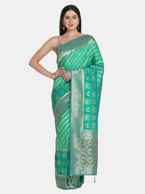 

BOMBAY SELECTIONS Green & Blue Leheriya Zari Pure Silk Banarasi Saree