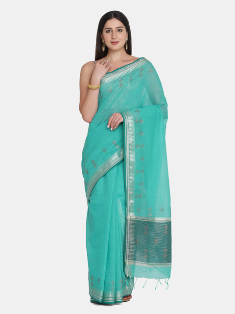 

BOMBAY SELECTIONS Green & Silver-Toned Woven Design Jute Silk Banarasi Saree