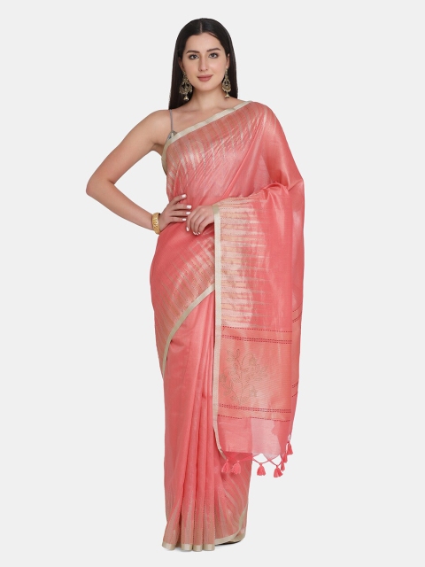 

BOMBAY SELECTIONS Peach-Coloured & Gold-Toned Ethnic Motifs Beads and Stones Jute Silk Banarasi Saree