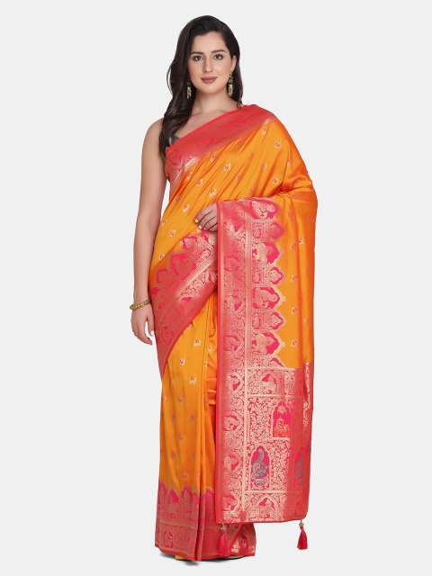 

BOMBAY SELECTIONS Yellow & Pink Woven Design Zari Pure Silk Banarasi Saree