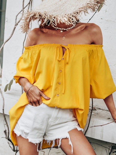 

La Aimee Yellow Off-Shoulder Tie Up Top