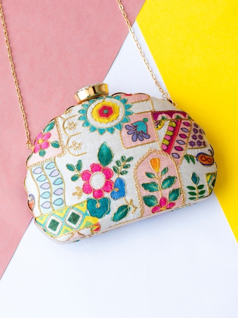 

ARTKLIM White & Blue Embroidered Embellished Box Clutch