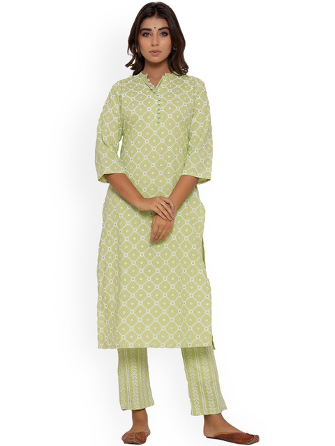 

DURVI Women Green Ethnic Motifs Printed Empire Pure Cotton Kurta with Trousers