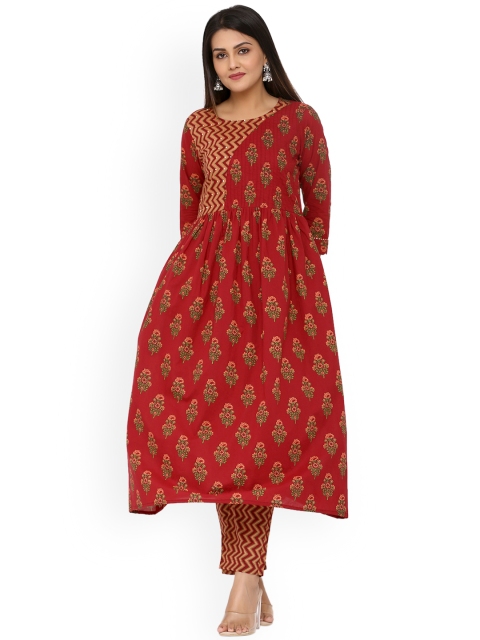 

DURVI Women Maroon Ethnic Motifs Printed Pure Cotton Kurta with Palazzos