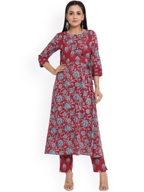 

DURVI Women Red Floral Printed Pleated Pure Cotton Kurti with Trousers