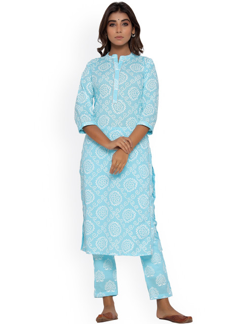

DURVI Women Blue Bandhani Printed Pure Cotton Kurti with Trousers