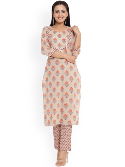 

DURVI Women Grey Ethnic Motifs Printed Pure Cotton Kurti with Trousers