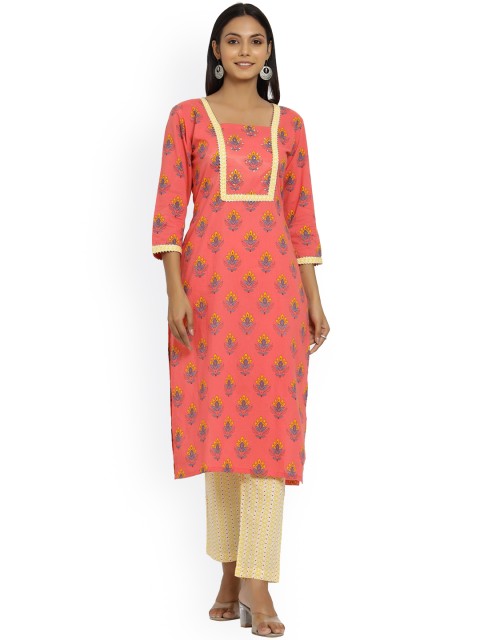 

DURVI Women Pink Ethnic Motifs Printed Pure Cotton Kurta with Trousers