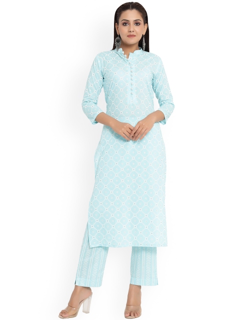 

DURVI Women Turquoise Blue Printed Pure Cotton Kurta with Trousers