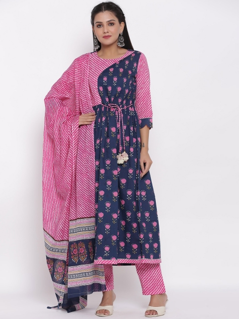 

DURVI Women Blue Printed Pure Cotton Kurta with Churidar & With Dupatta