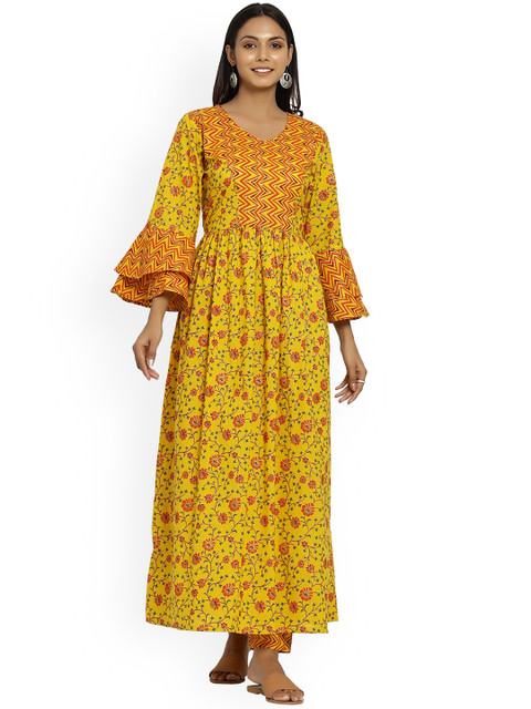 

DURVI Women Yellow Paisley Printed Pleated Pure Cotton Kurti with Palazzos