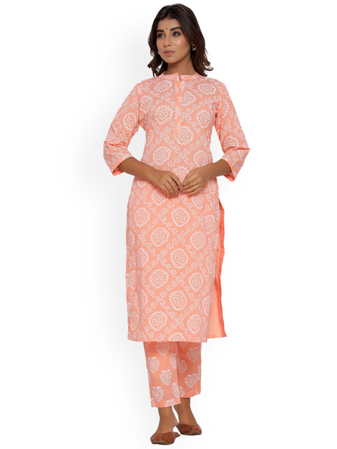

DURVI Women Orange Ethnic Motifs Printed Pure Cotton Kurta with Trousers
