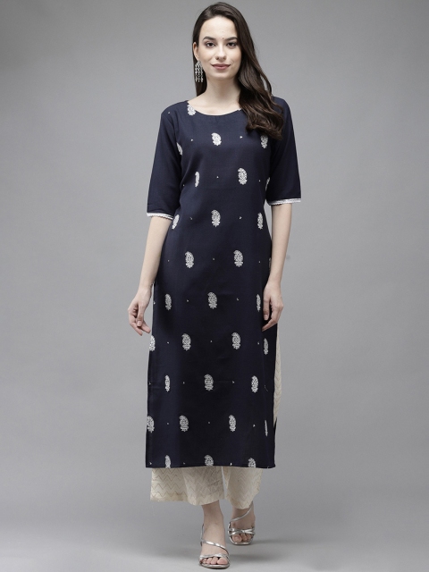 

KALINI Women Navy Blue & White Ethnic Motifs Cotton Printed Kurta