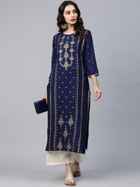 

KALINI Women Blue Ethnic Motifs Printed Thread Work Liva Kurta