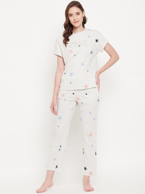 

MADAME M SECRET Women White & Blue Printed Night suit