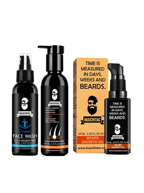 

MUUCHSTAC Set of Anti-Hairfall Herbal Shampoo + Ocean Face Wash + Beard Growth Oil, Black