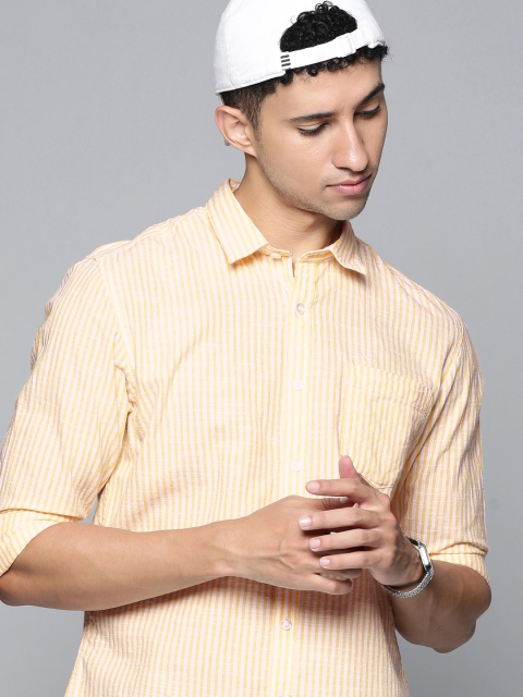 

Flying Machine Men Yellow & Off White Striped Slim Fit Pure Cotton Casual Shirt