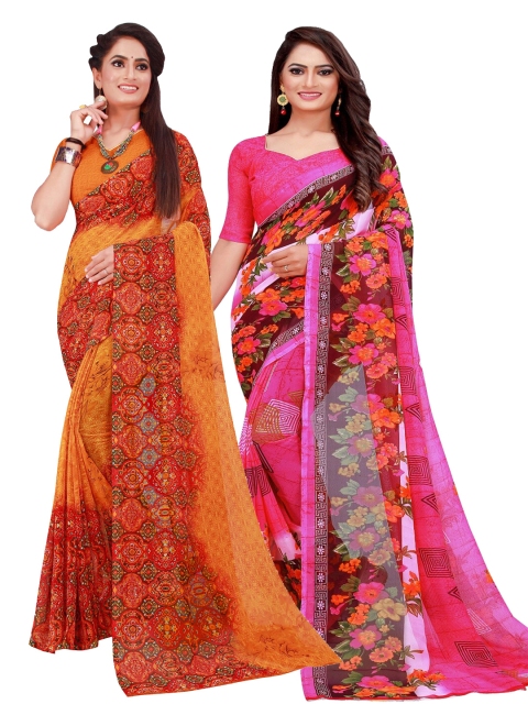 

Florence Set Of 2 Orange & Pink Floral Pure Georgette Saree