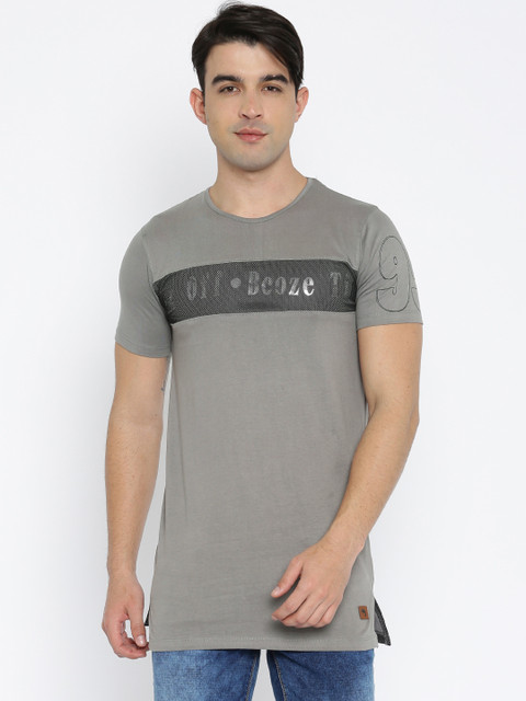 

Indigo Nation Street Men Charcoal Grey Printed Round Neck Longline T-shirt