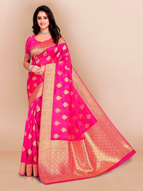 

VAIRAGEE Pink & Gold-Toned Ethnic Motifs Zari Organza Banarasi Saree