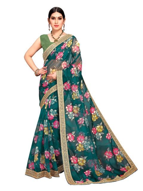 

VAIRAGEE Green & Pink Floral Printed Organza Block Print Saree