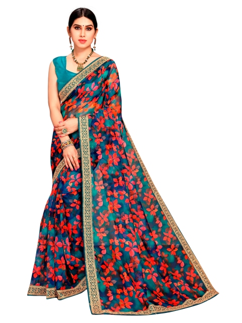 

VAIRAGEE Teal & Orange Organza Print Saree