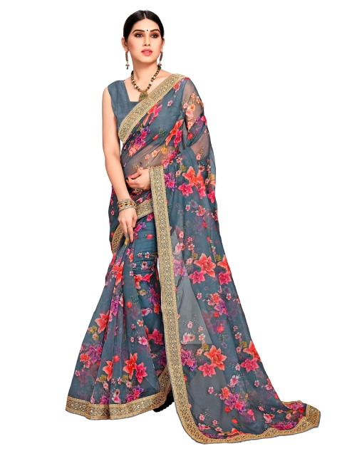 

VAIRAGEE Grey & Pink Floral Embroidered Organza Block Printed Saree