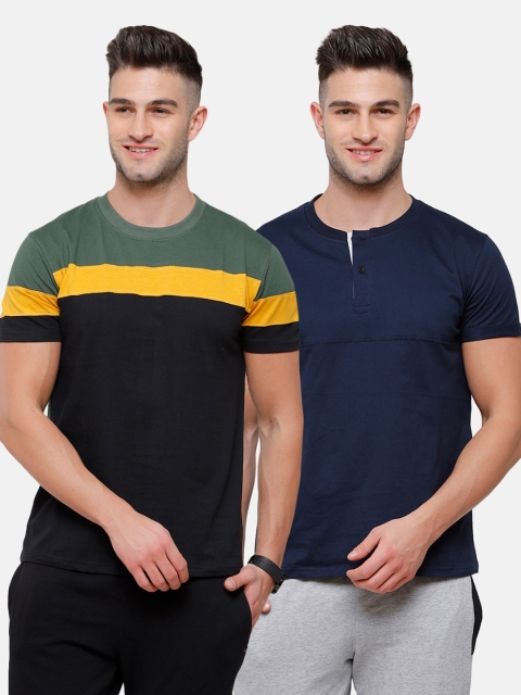 

MADSTO Men Navy Blue Set Of 2 Striped Henley Neck Slim Fit T-shirt