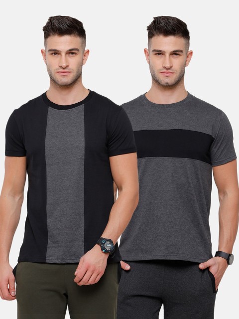 

MADSTO Men Charcoal 2 Colourblocked Slim Fit T-shirt