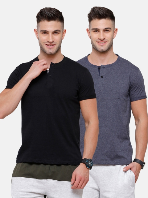 

MADSTO Men Black & Blue 2 Henley Neck Slim Fit T-shirt