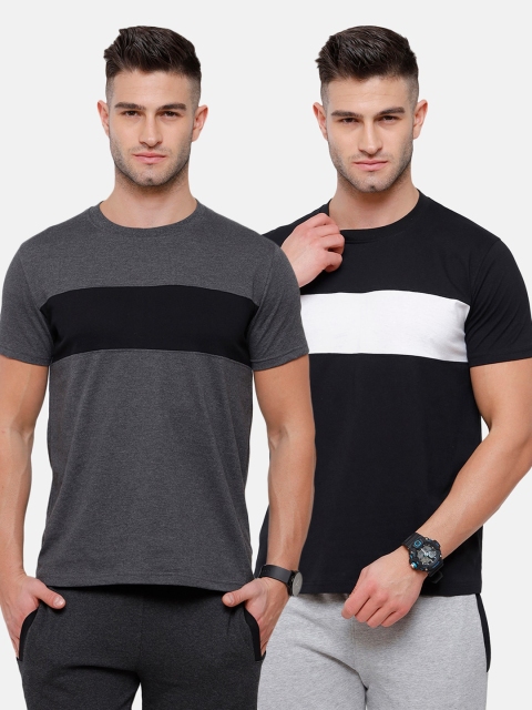 

MADSTO Men Black & Charcoal 2 Striped Slim Fit T-shirt