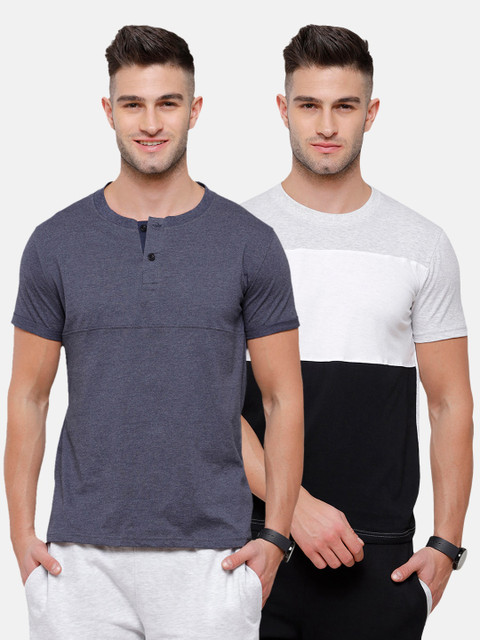 

MADSTO Men Grey 2 Henley Neck Slim Fit T-shirt