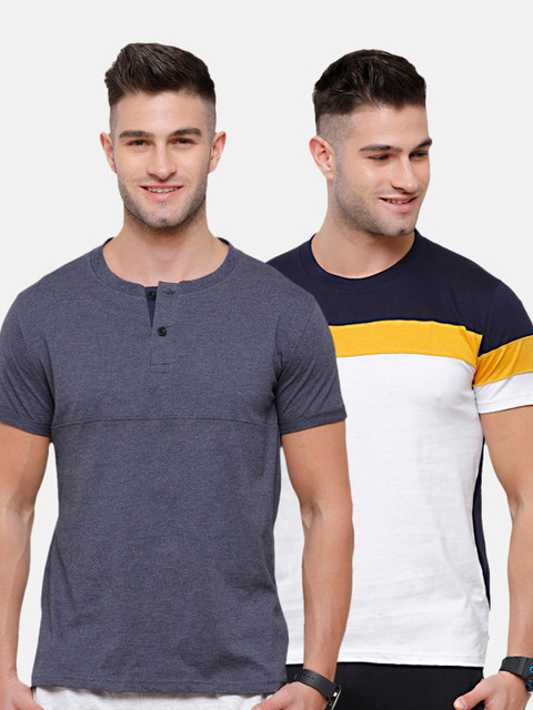 

MADSTO Men White 2 Henley Neck Slim Fit T-shirt