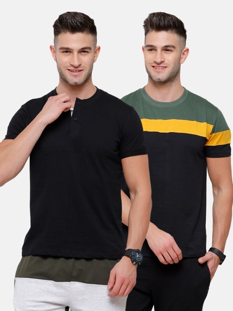 

MADSTO Men Black & Navy Blue 2 Henley Neck Slim Fit T-shirt