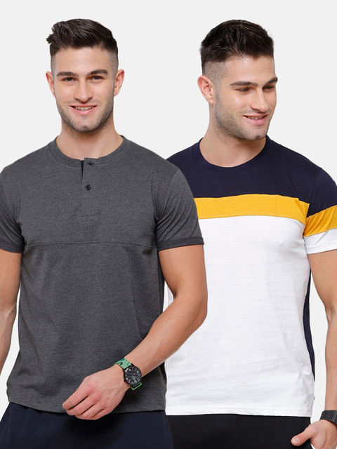 

MADSTO Men White & Grey Set Of 2 Henley Neck Slim Fit T-shirt