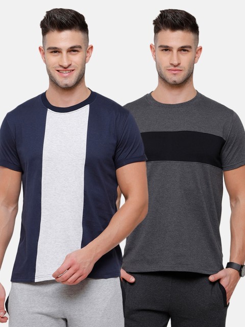 

MADSTO Men Charcoal & Blue 2 Colourblocked Slim Fit T-shirt