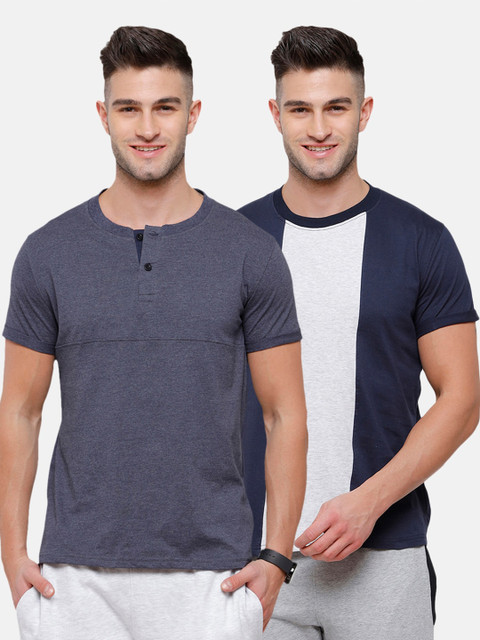 

MADSTO Men Navy Blue 2 Henley Neck Slim Fit T-shirt